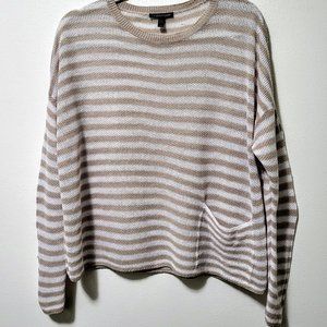 Eileen Fisher Tan and White Stripe Long Sleeve 100% Linen Sweater Small